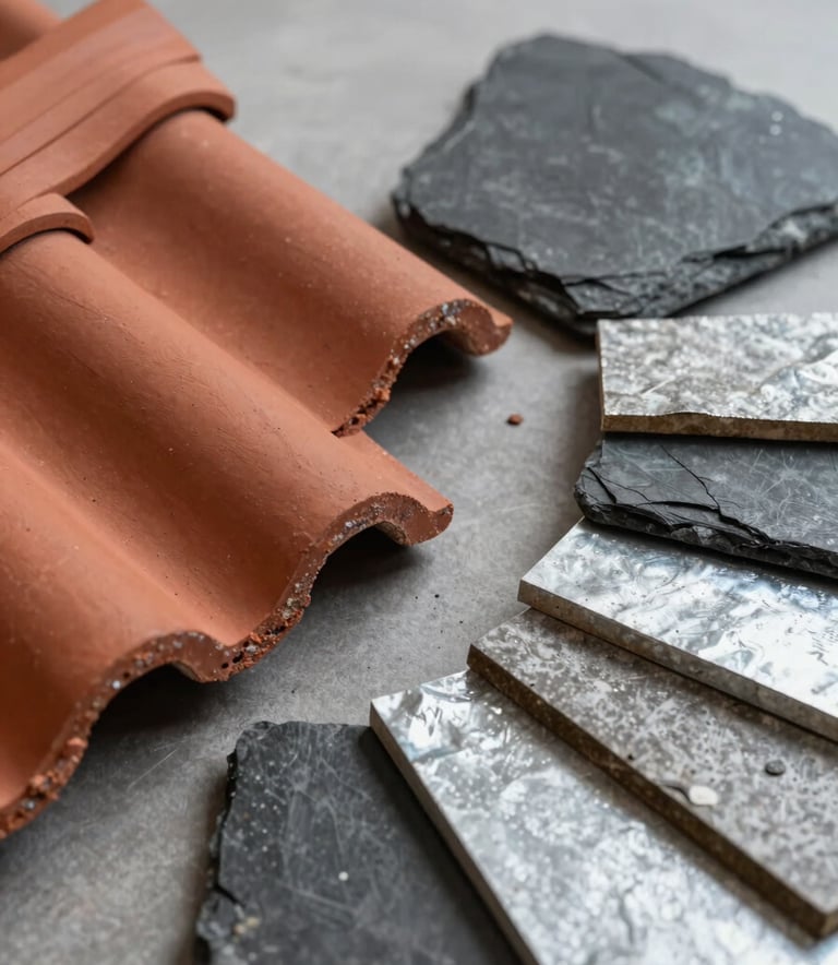 A detailed shot of various high-quality roofing materials including red clay tiles, dark slate, and zinc samples. Neutral lighting, clean studio-style presentation but in a workshop setting, projecting artisanal expertise.