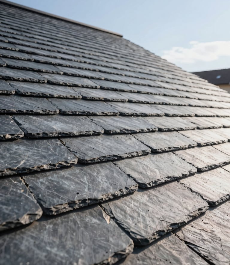 A close-up photograph of a clean, perfectly maintained slate roof with precise alignment. Bright daylight, clear sky, showing the high-quality craftsmanship of a professional roofing service in a Central European residential area. Professional and reassuring atmosphere.