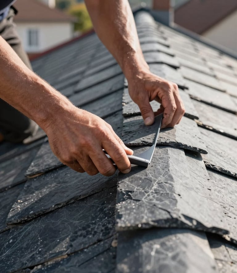 A close-up photograph of a professional roofer's hands installing dark grey slate tiles on a roof in a Central European / French residential area. The lighting is bright morning sun, highlighting the texture of the slate and the precision of the work. The style is professional and clean.