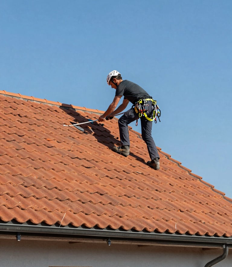 A wide-angle professional photograph of a roofer in safety gear working on a terracotta tile roof of a modern house in the Central European / French countryside. Clear blue sky, clean composition, emphasizing reliability and professional craftsmanship.
