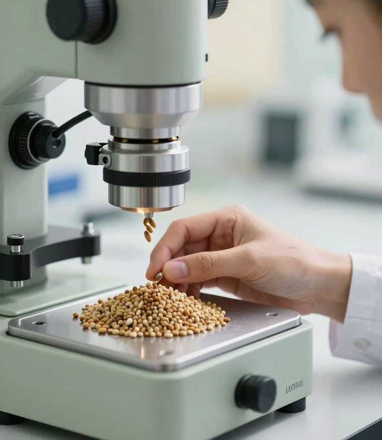 A sharp, detailed photograph of high-quality grains being inspected by a professional in a modern laboratory setting. The lighting is bright and clean, with muted sage and soft cream accents in the background.