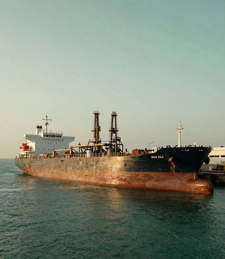 A professional wide-angle photograph of a modern industrial crude oil tanker docked at a sleek terminal in the UAE, with deep forest green waters and a soft sage green sky at dawn.