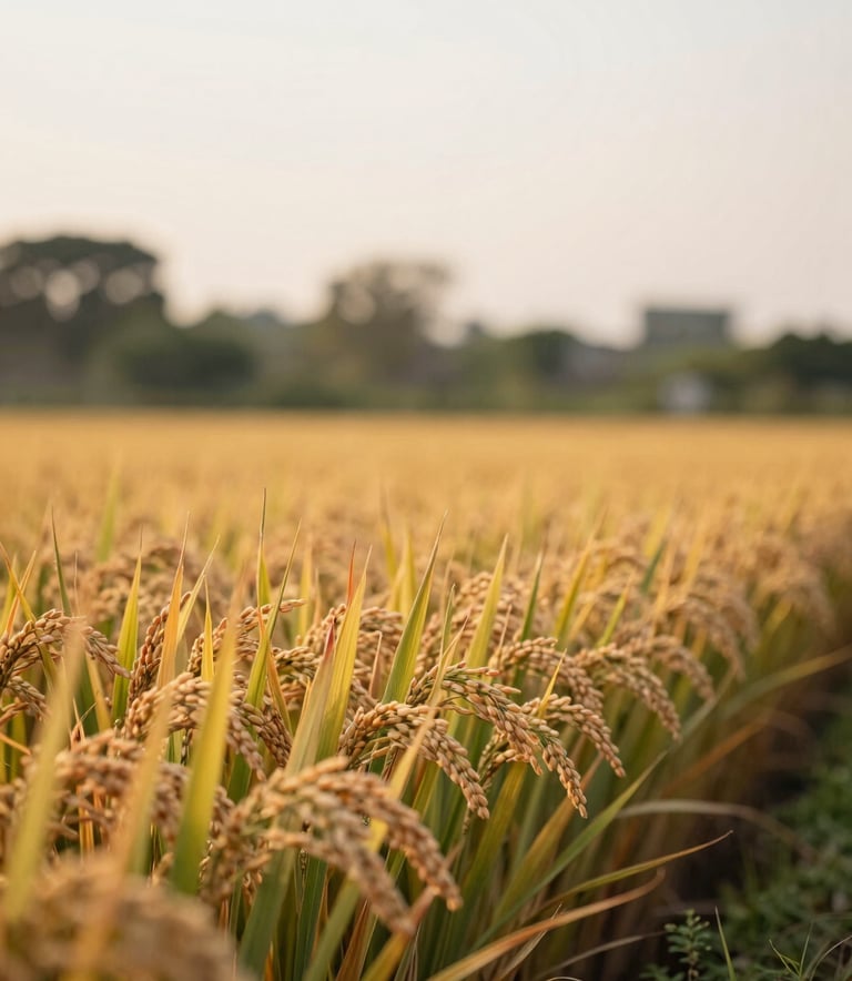A high-resolution photograph of golden rice fields in Thailand, captured during the golden hour with soft sage green foliage in the background and a creamy white hazy sky.