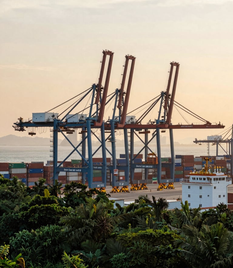 A high-angle, professional photograph of a bustling international container port at dawn. The scene is dominated by deep forest green and dark teal industrial cranes against a soft cream sky. The atmosphere is one of sophisticated efficiency and global movement.