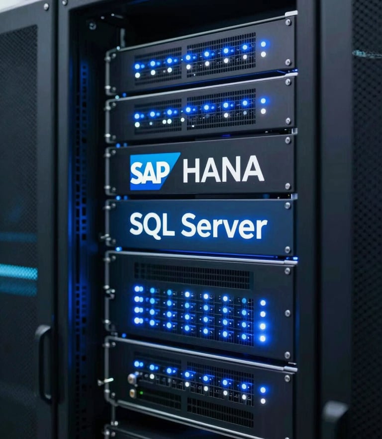A close-up of a high-tech server environment with glowing blue and white LEDs, representing SAP HANA and SQL Server infrastructure. The lighting is clean and modern, incorporating the brand's professional #1A2E3D and #3C6B8D tones to convey security and high performance.