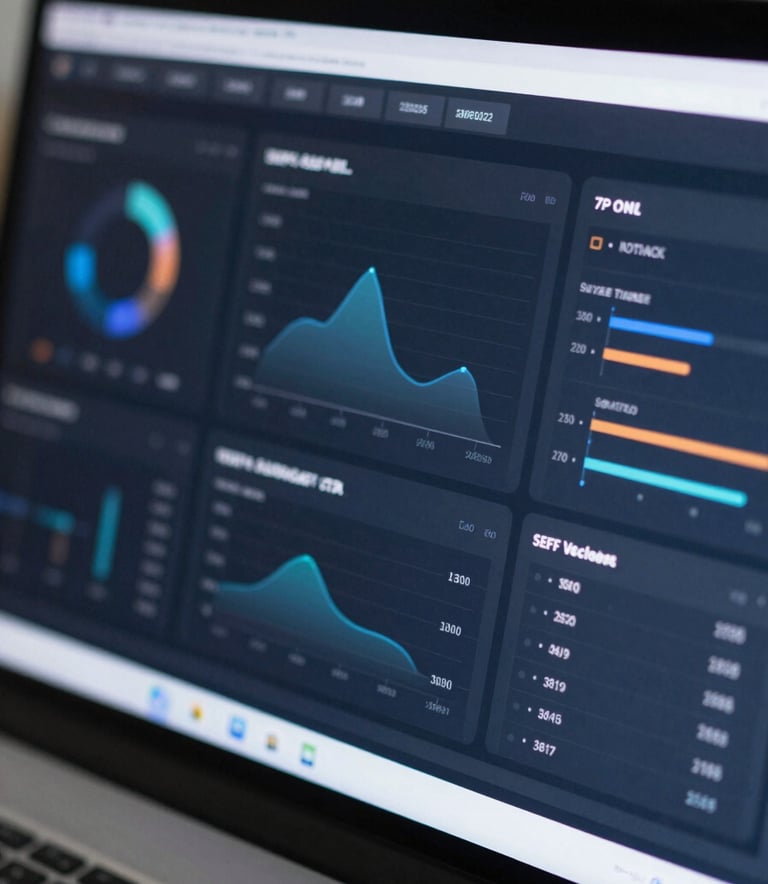 A clean, high-tech dashboard interface showing data analytics and performance metrics with a professional color scheme of deep blues and greys, reflecting modern SAP software.