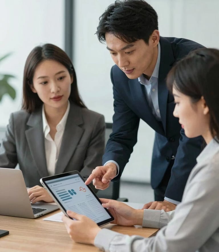 Professional business meeting in a modern, bright office where consultants are looking at a tablet screen together, suggesting strategic collaboration and efficiency.