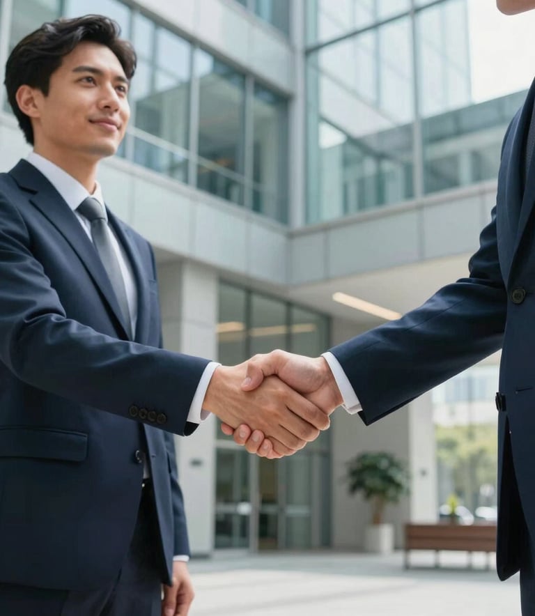 A medium shot of two business professionals shaking hands in a sleek, glass-walled lobby of a modern corporate building. Sharp focus on the handshake, blurred background of a sophisticated architectural interior. North American / Spanish-speaking professional context, bright natural lighting, palette of navy blue and soft gray.
