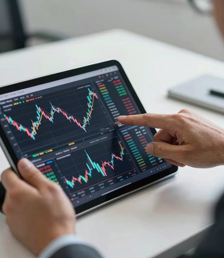 Close-up of a professional's hands pointing at a complex financial chart and market analysis on a tablet screen. The setting is a clean, minimalist executive office with soft lighting. Professional atmosphere, North American / Spanish-speaking business setting.