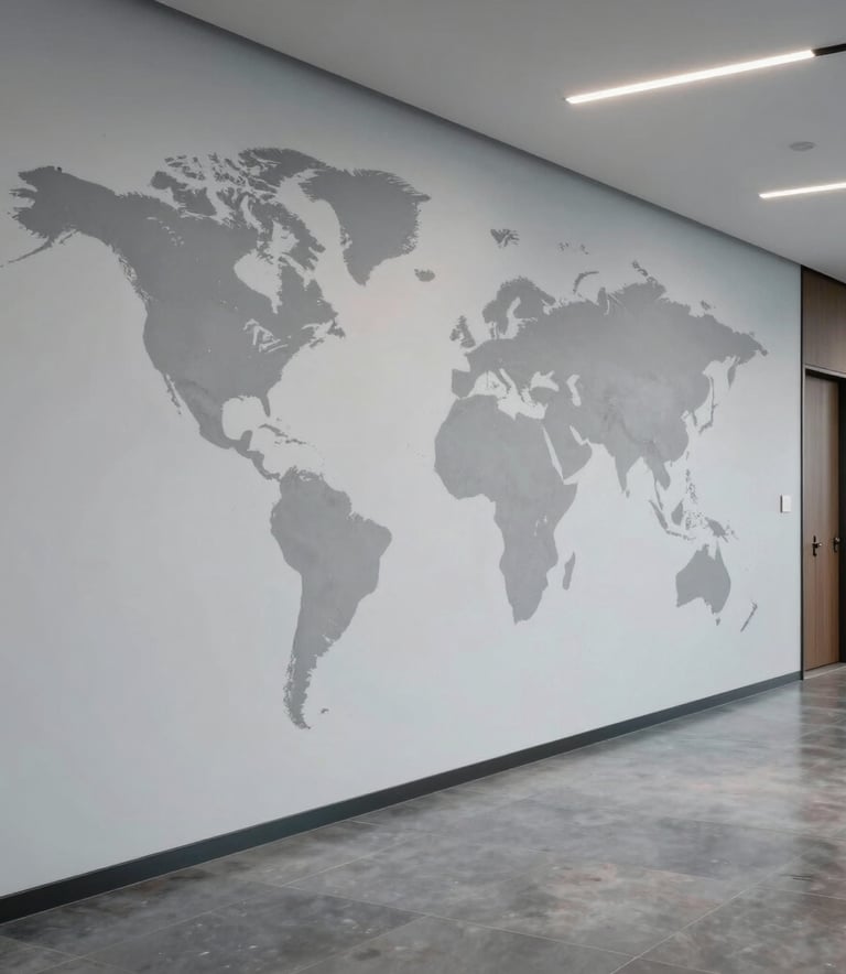 A wide shot of a sophisticated office hallway featuring a subtle world map mural on a light grey wall. The flooring is polished and reflects the professional ambient lighting. The style is modern and minimalist, conveying a sense of global reach and strategic expertise.