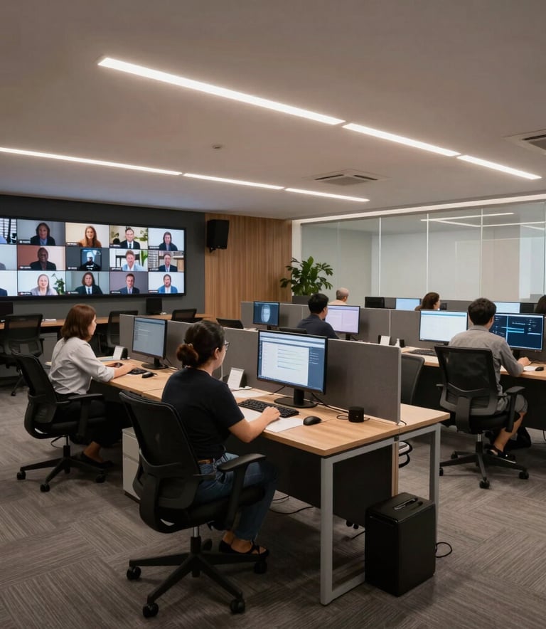 A wide-angle shot of a corporate tele-attendance center with modern Brazilian design, featuring ergonomic workstations and sophisticated lighting.