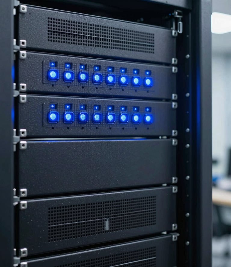 A close-up photograph of professional server rack infrastructure with glowing blue indicators, located in a clean and modern South American engineering facility.