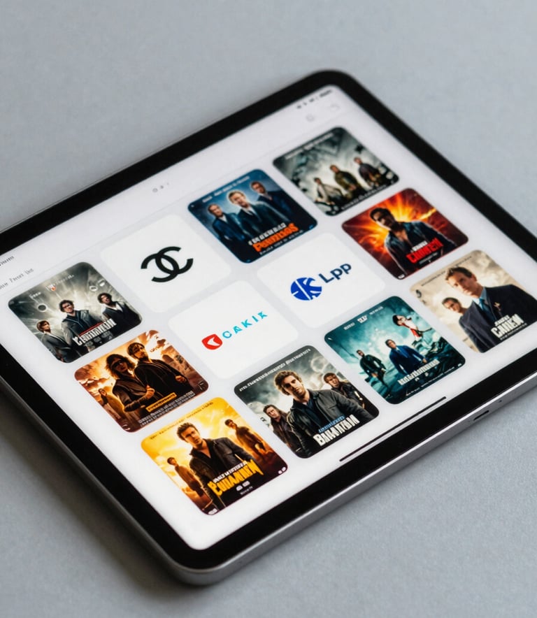 A close-up of a tablet on a sleek mist grey surface, showing an organized grid of international channel logos and premium movie posters in a modern interface.