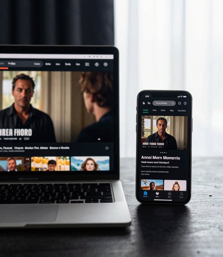A high-quality shot of a laptop and a smartphone side-by-side, both streaming the same high-resolution movie in a room with soft natural lighting and dark navy accents.
