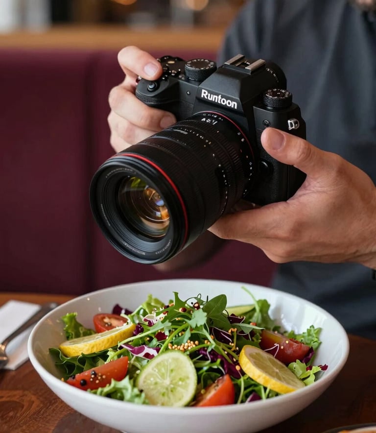 A close-up shot of a North American / US digital marketer's hands holding a high-end camera, focusing on a vibrant bowl of farm-to-table salad, cozy local bistro setting, with deep ripe crimson accents in the table decor.