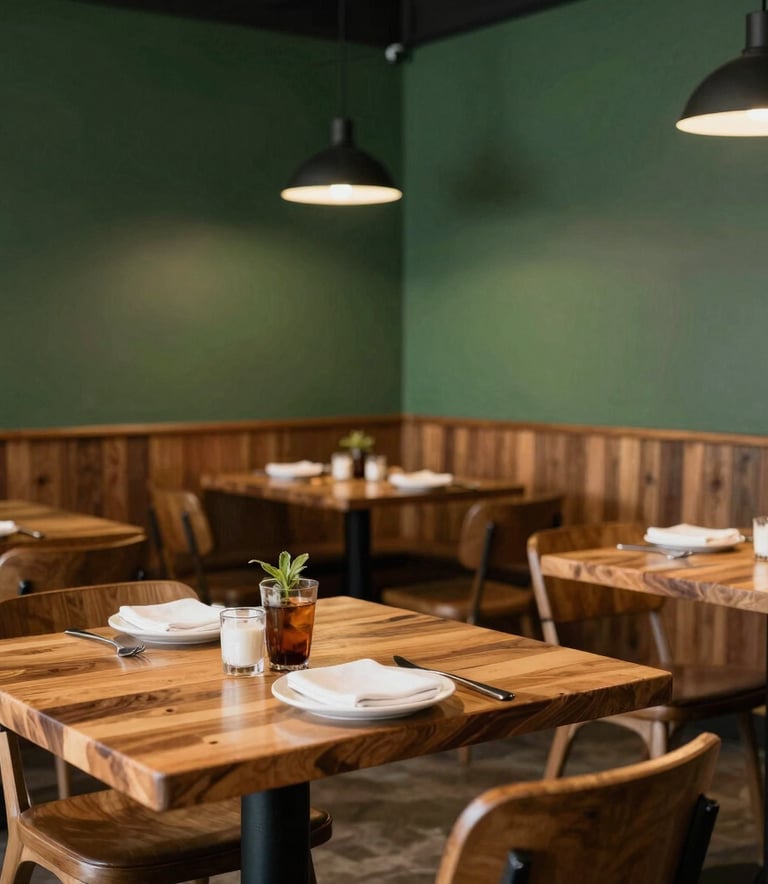 Interior of a modern, cozy North American / US artisanal restaurant with warm wood tables, matte forest green walls, and soft ambient lighting, showcasing an inviting atmosphere for local diners.