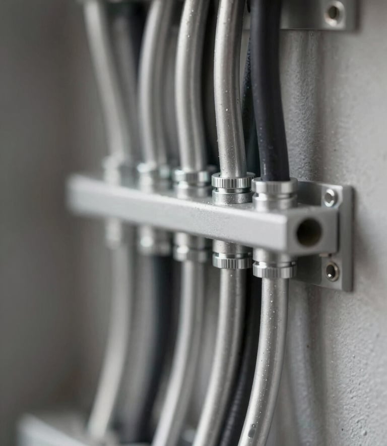 A detailed, close-up shot of high-quality, professional electrical wiring inside a wall, showing organized silver conduits and clean connections. The lighting is sharp, emphasizing precision and safety. The style is modern and industrial, incorporating subtle silver (#DCDCDC) and black (#1C1C1C) tones.