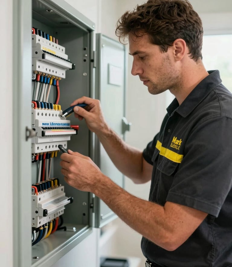 A professional electrician from Mark Electric LLC, wearing a clean uniform, expertly inspecting a modern residential electrical panel in a Connecticut home. The lighting is bright and clean, with the brand's yellow (#E8C547) and black (#1C1C1C) colors visible in the branding of the uniform and tools. Modern, professional aesthetic.