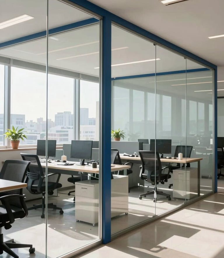 A modern, bright South American office setting in Brazil with clean glass partitions and sunlight. A professional atmosphere with steel blue and off-white accents in the decor, reflecting a results-driven environment.