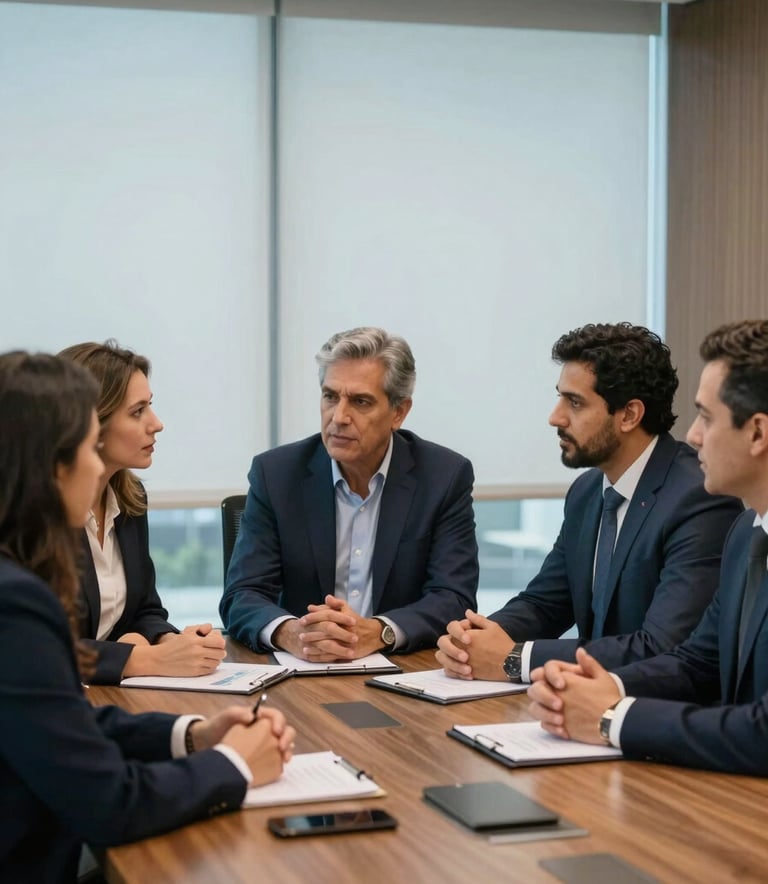 Dynamic business meeting with South American professionals in a Brazilian executive room. They are discussing strategic growth, with dark navy and light blue lighting elements creating a confident, modern mood.