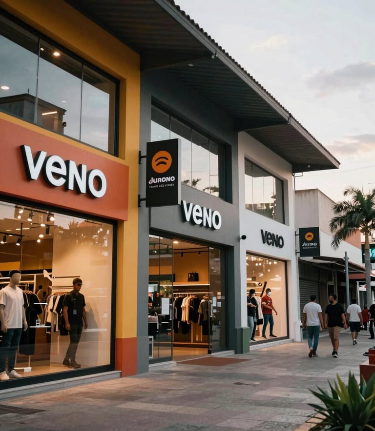 A wide shot of a modern retail environment in a South American city, featuring vibrant storefronts and professional signage, soft natural lighting, reflecting a bustling commercial atmosphere.