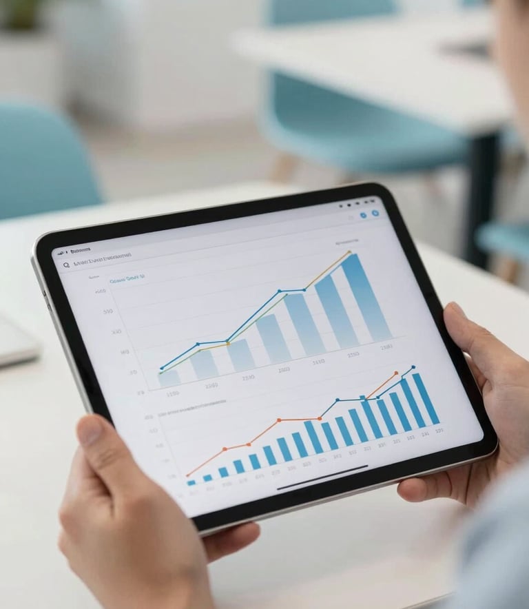 Close-up of a digital tablet displaying growth metrics and sales funnels, held by professional hands in a bright, modern Brazilian co-working space with light blue accents.