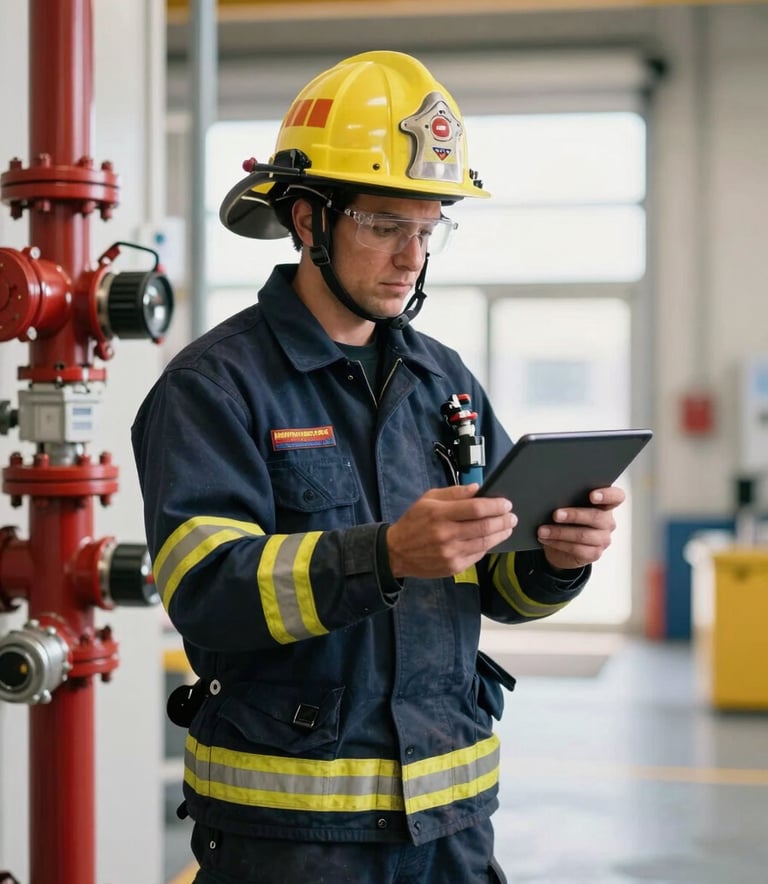 A professional North American fire safety inspector in a dark blue uniform, holding a digital tablet and carefully examining a fire suppression system in a bright, modern commercial facility.
