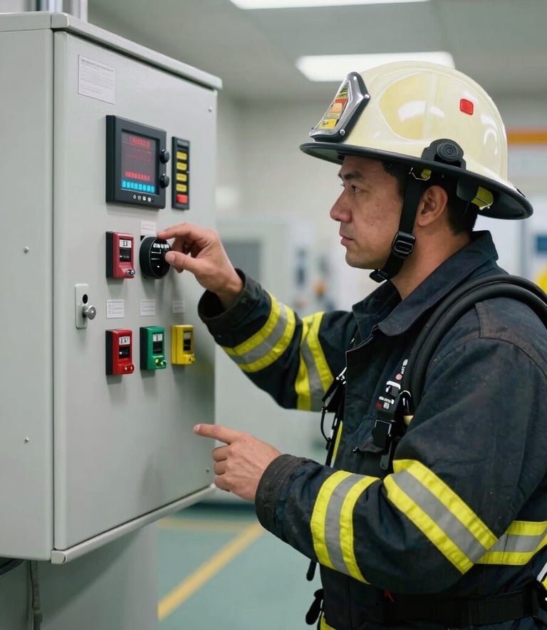 A professional fire safety technician in a North American facility, wearing a uniform, inspecting a digital fire alarm control panel, modern clean lighting.