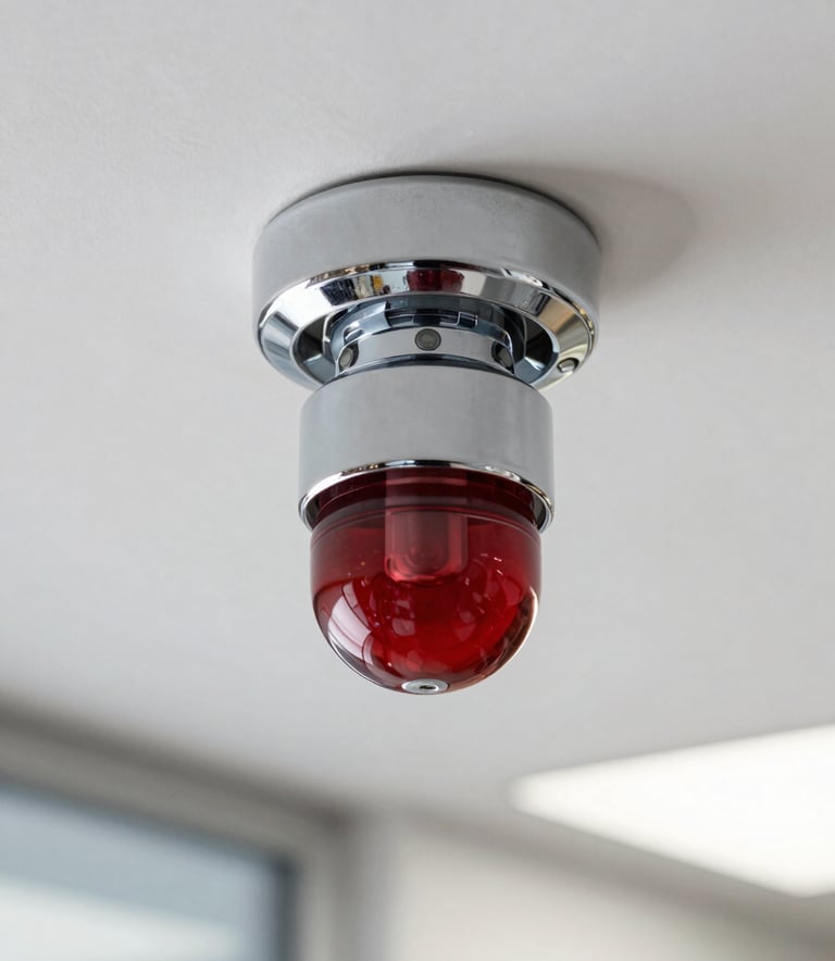 A close-up photograph of a modern, chrome-finished fire sprinkler head mounted on a clean white ceiling in a North American commercial office. The lighting is bright and professional, highlighting the metallic texture and the red glass bulb, with a soft blur on the modern architectural background.