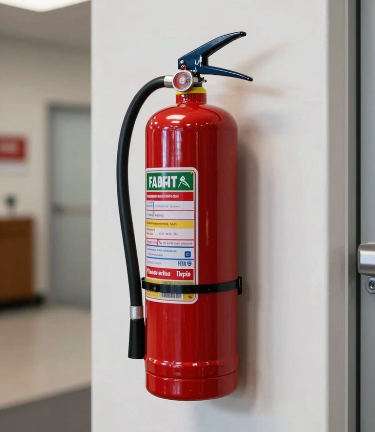 A professionally mounted red fire extinguisher on a clean white wall in a modern North American commercial hallway, bright lighting, high contrast.