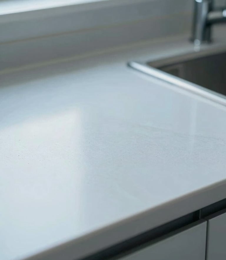A macro photograph showing a clean, well-maintained modern North American / US kitchen countertop. The focus is on the spotless environment, conveying a sense of hygiene and protection. Lighting is bright and clinical. Palette includes Soft Steel Blue and Cloud Mist.