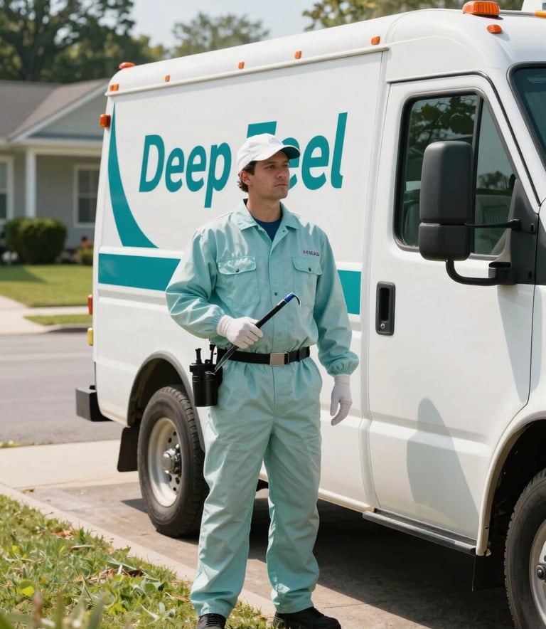 A professional pest control technician in a clean uniform standing next to a branded white service truck in a North American / US residential neighborhood during a bright, sunny morning. The lighting is soft and natural. Colors include Cloud Mist and Deep Sea Teal.
