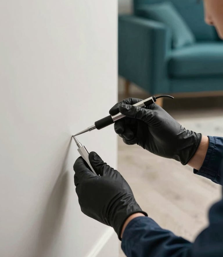 A close-up shot of a professional technician’s gloved hands using a precision tool near a baseboard inside a modern North American / US living room. The room features cool off-white walls and deep teal decor accents, emphasizing a clean and safe environment.
