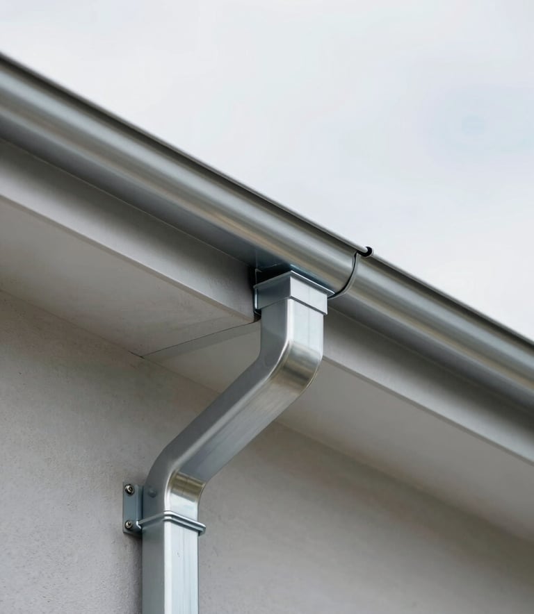 A close-up professional shot of a high-quality zinc gutter installation on a modern house roof. The metal is shiny and clean, showing precision joints and craftsmanship. Natural daylight, overcast sky for soft shadows. Includes colors #90A4AE and #455A64.