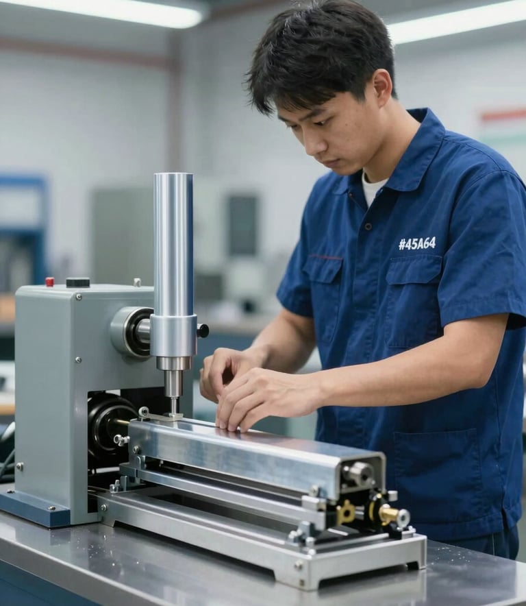 A professional craftsman working on a zinc folding machine in a modern workshop. The atmosphere is efficient and high-end, focusing on high-quality craftsmanship. The scene uses professional lighting and incorporates brand colors like #455A64.