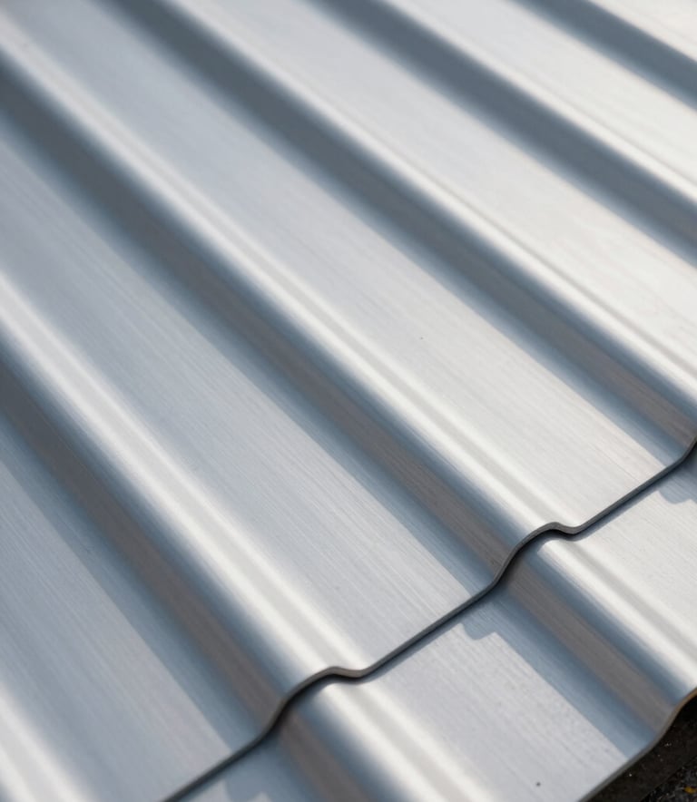 A detailed close-up of high-quality zinc roofing sheets with perfect professional seams. The lighting is crisp and natural, highlighting the metallic texture and robust construction. The composition is modern and clean, reflecting a professional craftsmanship vibe with a color palette including #455A64 and #90A4AE.