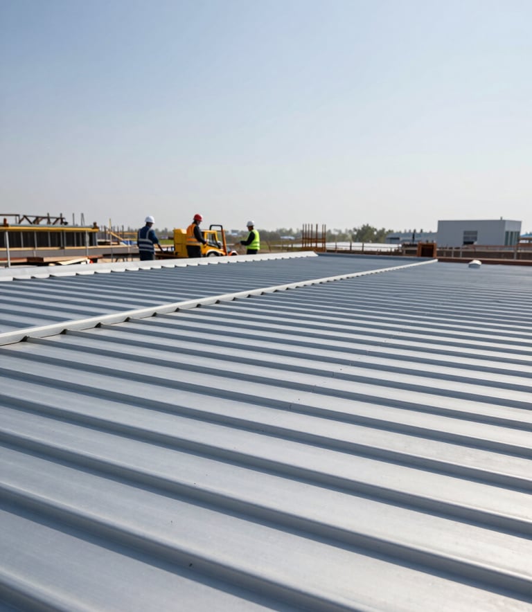 A wide-angle view of a large-scale industrial zinc roof project under construction. Professional workers wearing safety gear are visible in the background, emphasizing expertise. The composition is dynamic, showing the architectural scale. The scene features the brand palette colors like #455A64 and #ECEFF1 in the metal and sky.