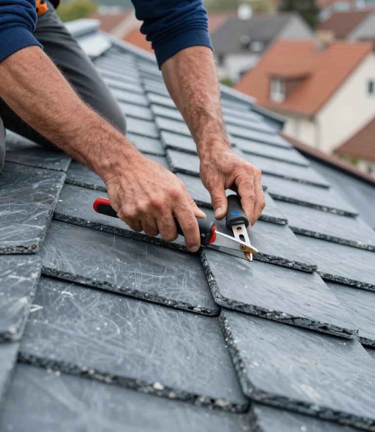 A close-up photograph of a professional roofer's hands using traditional tools to adjust high-quality grey slate tiles on a roof in a Western European town. The lighting is bright and clear, highlighting the precision of the work. The palette features medium blue and light grey tones.