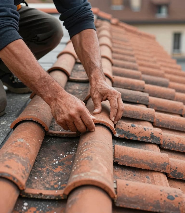 Detailed photography of a professional roofer's hands correctly placing a clay tile on a roof grid, clean environment, Western European / French architectural context.