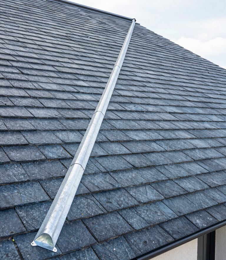 Architectural photography of a clean, modern roof with grey blue slate tiles and perfectly installed zinc flashing, high-contrast daylight, Western European / French residence.