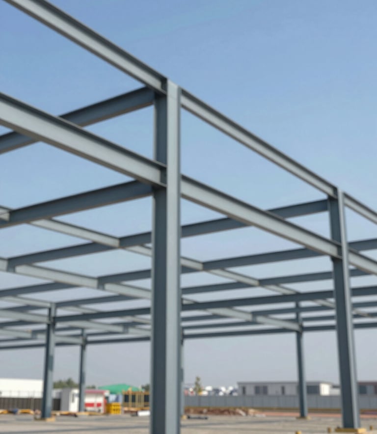 A professional wide-angle shot of a commercial steel structure under construction against a clear blue sky. The scene emphasizes robust professionalism and precision, incorporating tones of #2D3A3A and #A3B5B5.