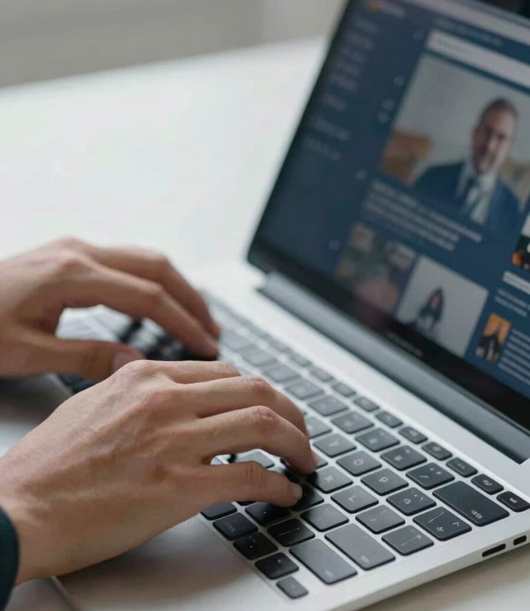 Close-up of hands typing on a modern keyboard in a bright workspace. Beside it, a tablet shows a blurred business interface. Colors include steel blue and dark navy tones in the professional environment.