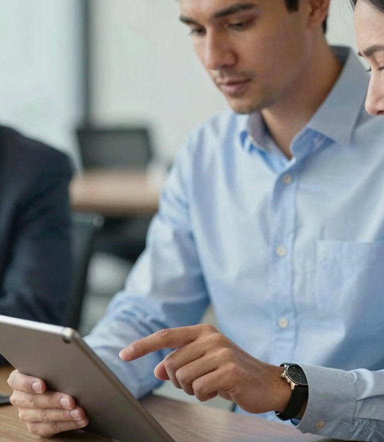 A close-up photograph of a professional consultant in a soft sky blue shirt pointing at a tablet screen during a meeting. The background shows a blurred, modern office environment with a professional atmosphere.