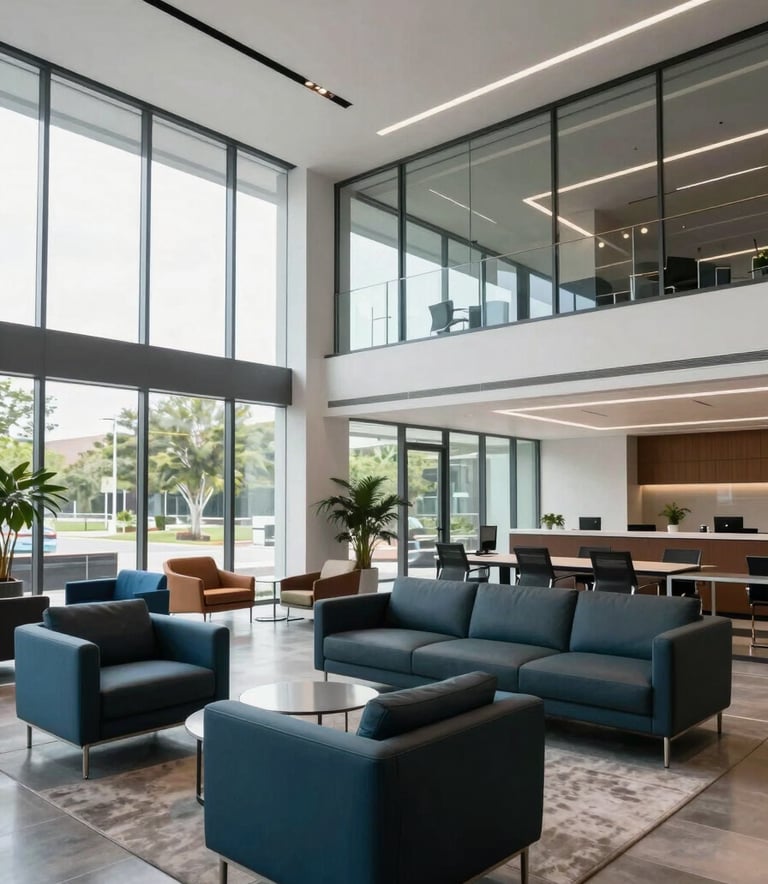A wide-angle professional photograph of a modern office lobby in Georgia, featuring high ceilings, glass walls, and sleek furniture with deep charcoal teal and steel blue accents. The lighting is bright and natural.