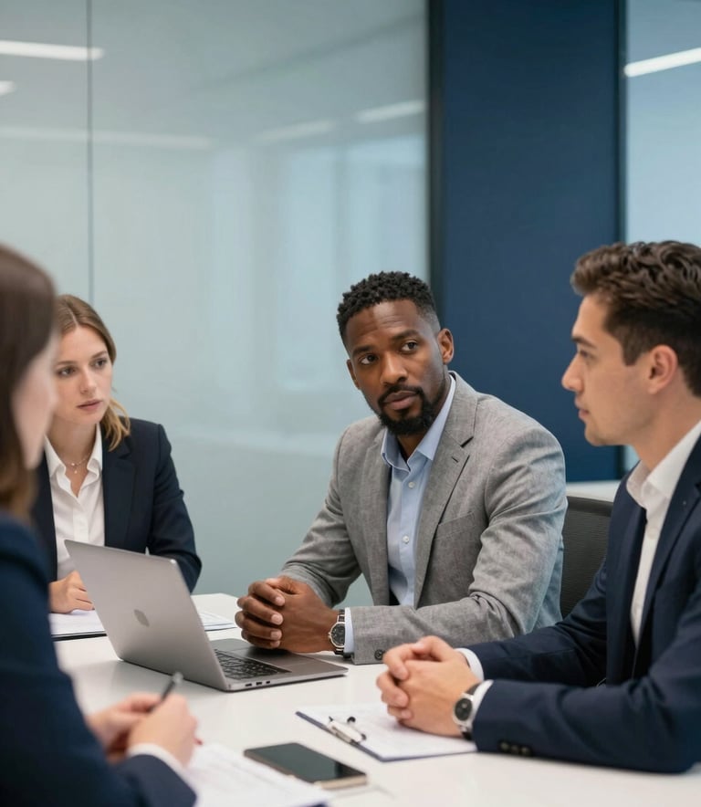 A collaborative meeting in a glass-walled conference room. Three diverse professionals in smart business attire are engaged in discussion. The scene is bright and airy, with soft powder blue walls and dark navy professional accents.