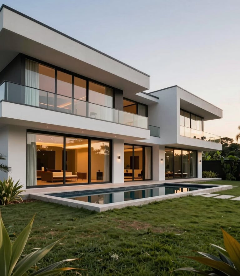 A wide-angle professional photograph of a luxury modern villa in Riviera 3, Abidjan, featuring clean lines, large glass windows, and lush West African landscaping at sunset.