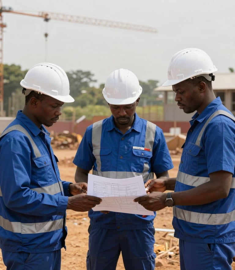 Une photographie professionnelle d'un chantier de construction dynamique en Côte d'Ivoire. Un ingénieur en tenue de sécurité bleu marine et casque blanc examine des plans sur le site. La lumière naturelle du matin souligne le professionnalisme et la fiabilité de l'entreprise. Palette de couleurs : bleu profond et or mat.