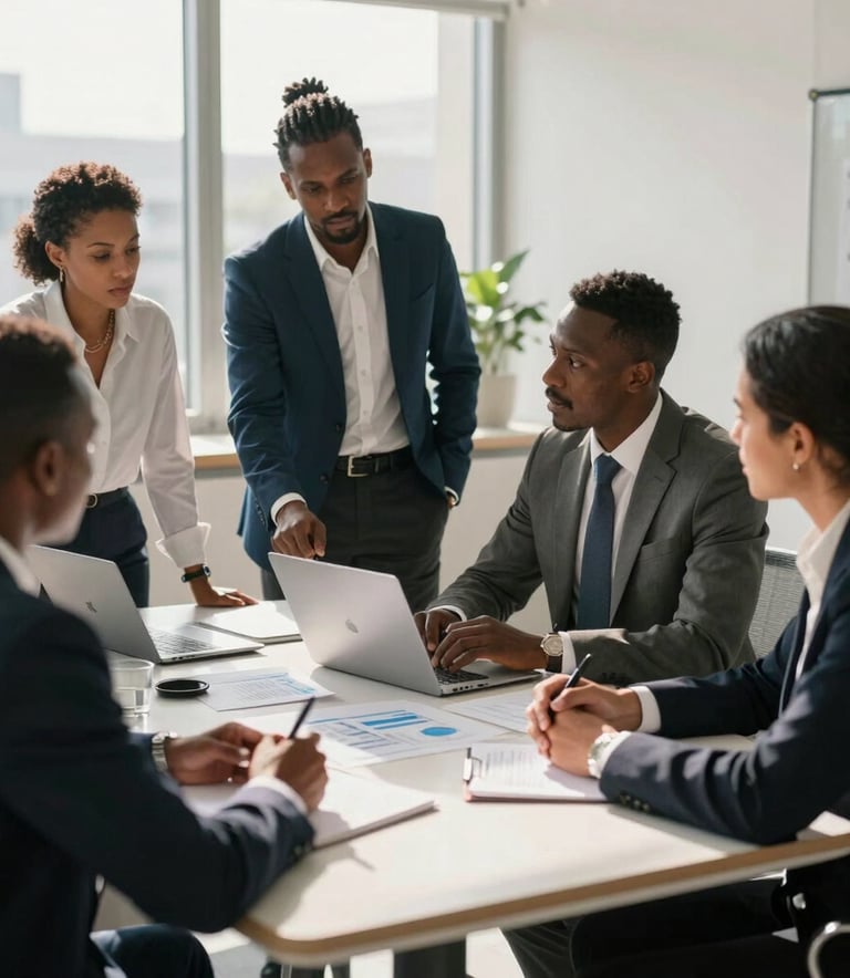 A business meeting in a sunlit modern office in Ivory Coast, showing a group of professionals in stylish business attire discussing projects around a table.