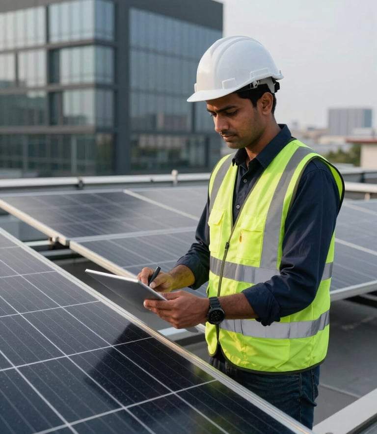 A professional South Asian / Indian engineer in a safety vest inspecting a solar panel installation on a modern corporate rooftop, professional lighting, incorporating dark navy and muted teal tones.
