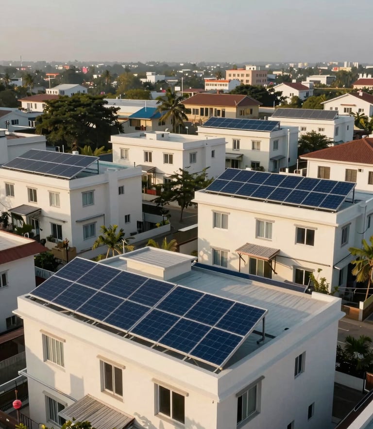 A wide shot of a modern residential neighborhood in a South Asian / Indian city with several houses featuring prominent solar panel arrays on their rooftops, afternoon sun, soft off-white and deep blue color palette.